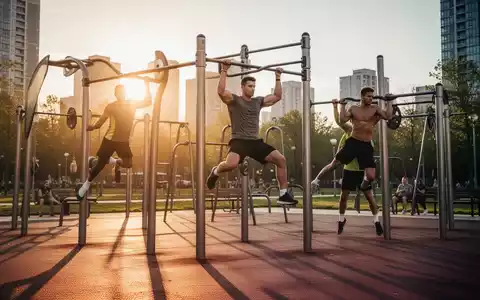 Männer und Frauen trainieren an Outdoor-Fitnessgeräten in einem modernen Stadtpark bei Sonnenuntergang. - Foto: über boerse-global.de