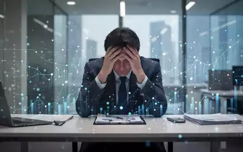 Eine Person sitzt am Schreibtisch, den Kopf in den Händen, umgeben von verschwommenen Symbolen für Stress und Daten. - Foto: über boerse-global.de