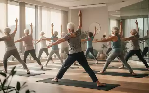 Eine Gruppe von Menschen, darunter Senioren, praktiziert sanfte Yoga-Übungen für Rücken und Schultern in einem ruhigen Studio. - Foto: über boerse-global.de