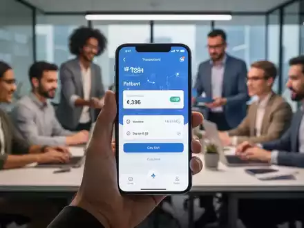 Ein Smartphone zeigt eine App mit Zahlungsoptionen, gehalten von einer Hand. Im Hintergrund sind Entwickler in einem modernen Büro zu sehen. - Foto: über boerse-global.de