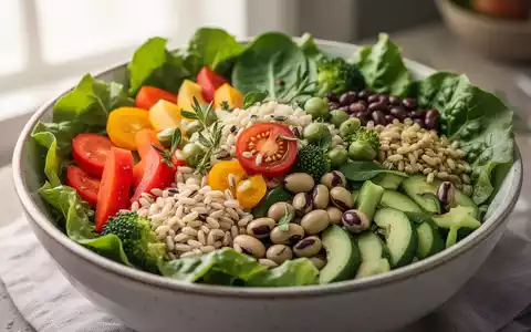 Eine Nahaufnahme einer gesunden Salatschüssel mit verschiedenen bunten Gemüsesorten, Blattgemüse, Vollkornprodukten und Hülsenfrüchten. - Foto: über boerse-global.de