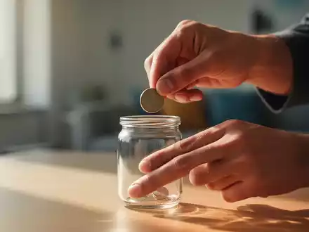 Hände legen vorsichtig eine einzelne Münze in ein klares Glasgefäß, das Sparsamkeit und finanzielle Planung symbolisiert. - Foto: über boerse-global.de