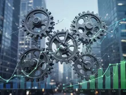 Abstrakte Darstellung von ESG-Herausforderungen mit Zahnrädern, die sich verhaken, und unscharfen Unternehmensgebäuden im Hintergrund. - Foto: über boerse-global.de