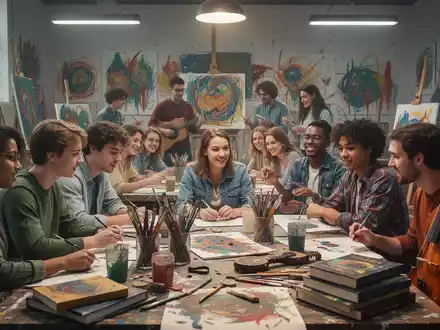 Eine vielfältige Gruppe von Studierenden arbeitet kollaborativ in einem Workshop, umgeben von Kunstmaterialien, Musikinstrumenten und Büchern. - Foto: über boerse-global.de