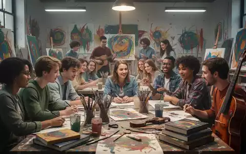 Eine vielfältige Gruppe von Studierenden arbeitet kollaborativ in einem Workshop, umgeben von Kunstmaterialien, Musikinstrumenten und Büchern. - Foto: über boerse-global.de