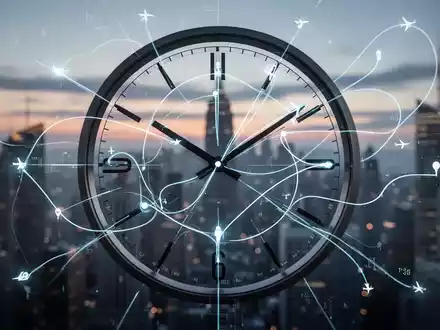 Eine stilisierte Uhr mit Linien, die Reiserouten und Zeiterfassung darstellen, vor dem verschwommenen Hintergrund einer Stadt bei Dämmerung. - Foto: über boerse-global.de