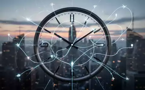 Eine stilisierte Uhr mit Linien, die Reiserouten und Zeiterfassung darstellen, vor dem verschwommenen Hintergrund einer Stadt bei Dämmerung. - Foto: über boerse-global.de
