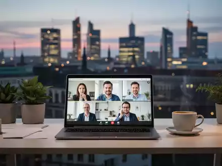 Ein modernes Homeoffice mit Laptop, Kaffeetasse und Pflanzen. Im unscharfen Hintergrund ist eine deutsche Stadtkulisse bei Dämmerung zu sehen. - Foto: über boerse-global.de
