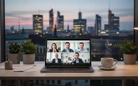 Ein modernes Homeoffice mit Laptop, Kaffeetasse und Pflanzen. Im unscharfen Hintergrund ist eine deutsche Stadtkulisse bei Dämmerung zu sehen. - Foto: über boerse-global.de