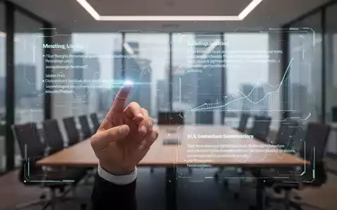 Eine Hand interagiert mit einer holografischen Benutzeroberfläche, die KI-generierte Besprechungsnotizen und Zusammenfassungen anzeigt. - Foto: über boerse-global.de