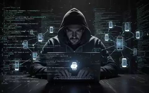 Verschwommene Gestalt mit Kapuzenpulli an Laptop, umgeben von digitalem Code und Handy-Symbolen, symbolisiert mobile Sicherheitslücken. - Foto: über boerse-global.de