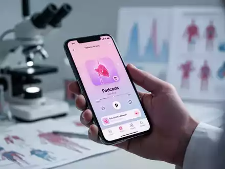 Eine Hand hält ein Smartphone mit einer Podcast-App, im unscharfen Hintergrund sind medizinische und wissenschaftliche Elemente zu sehen. - Foto: über boerse-global.de
