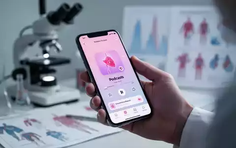 Eine Hand hält ein Smartphone mit einer Podcast-App, im unscharfen Hintergrund sind medizinische und wissenschaftliche Elemente zu sehen. - Foto: über boerse-global.de