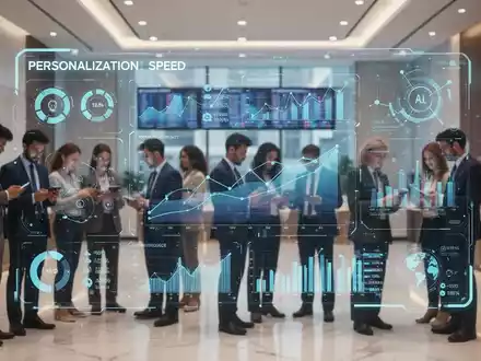 Moderne digitale Oberfläche mit Finanzdaten und KI-Erkenntnissen, überlagert von verschwommenen Menschen mit Mobilgeräten in einer Bank. - Foto: über boerse-global.de