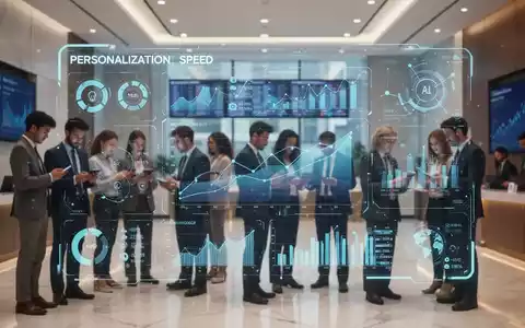 Moderne digitale Oberfläche mit Finanzdaten und KI-Erkenntnissen, überlagert von verschwommenen Menschen mit Mobilgeräten in einer Bank. - Foto: über boerse-global.de