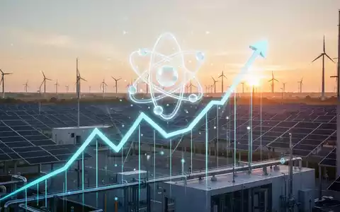 Ein stilisiertes, leuchtendes Wasserstoffatom-Symbol vor einem aufsteigenden Kursdiagramm und einer modernen Energieanlage bei Sonnenaufgang. - Foto: über boerse-global.de