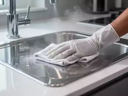 Eine Hand in einem weißen Handschuh wischt sorgfältig eine saubere Küchenoberfläche neben einem glänzenden Edelstahlwaschbecken. - Foto: über boerse-global.de
