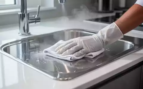 Eine Hand in einem weißen Handschuh wischt sorgfältig eine saubere Küchenoberfläche neben einem glänzenden Edelstahlwaschbecken. - Foto: über boerse-global.de