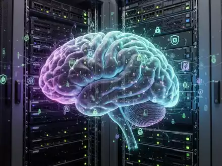 Abstrakte Visualisierung eines leuchtenden KI-Neuronalen Netzes über einem Serverrack, symbolisiert erweiterte Sicherheitsoperationen. - Foto: über boerse-global.de