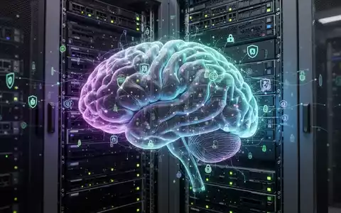 Abstrakte Visualisierung eines leuchtenden KI-Neuronalen Netzes über einem Serverrack, symbolisiert erweiterte Sicherheitsoperationen. - Foto: über boerse-global.de