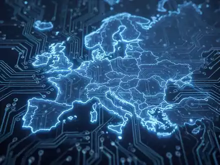 Eine stilisierte, blau leuchtende digitale Platine mit einer dezenten Umrisskarte der Europäischen Union, die digitale Gesetze und grenzüberschreitende Online-Dienste symbolisiert. - Foto: über boerse-global.de