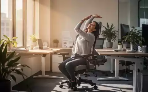 Eine Person macht eine kurze Dehnübung an einem modernen, ergonomischen Arbeitsplatz mit viel Tageslicht, um Bewegung und Wohlbefinden zu fördern. - Foto: über boerse-global.de
