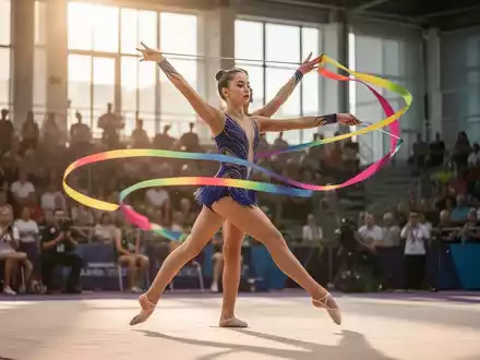 Eine junge rhythmische Sportgymnastin führt eine Übung mit einem Band auf einer hell erleuchteten Wettkampffläche auf. - Foto: über boerse-global.de