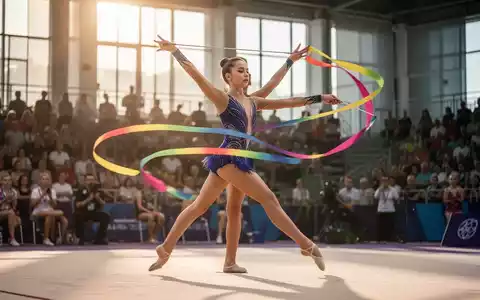 Eine junge rhythmische Sportgymnastin führt eine Übung mit einem Band auf einer hell erleuchteten Wettkampffläche auf. - Foto: über boerse-global.de