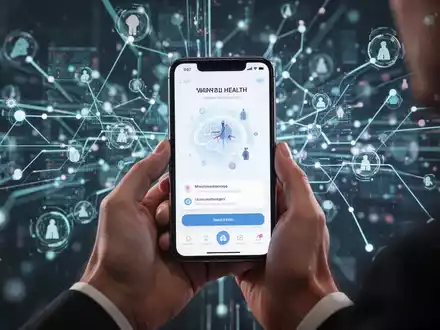 Eine Person hält ein Smartphone, das eine digitale Gesundheitsanwendung anzeigt, mit einem verschwommenen Hintergrund digitaler Verbindungen. - Foto: über boerse-global.de