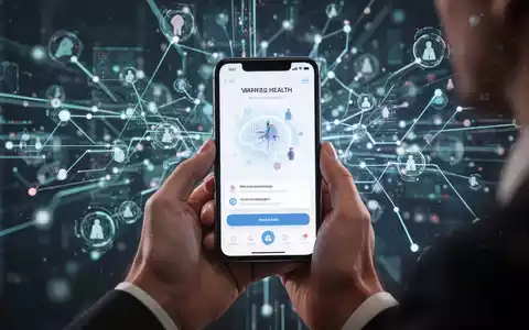 Eine Person hält ein Smartphone, das eine digitale Gesundheitsanwendung anzeigt, mit einem verschwommenen Hintergrund digitaler Verbindungen. - Foto: über boerse-global.de