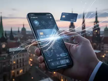 Smartphone mit digitaler Wallet-Oberfläche, leuchtende Linien, in einer Hand vor unscharfer Stadtkulisse. - Foto: über boerse-global.de