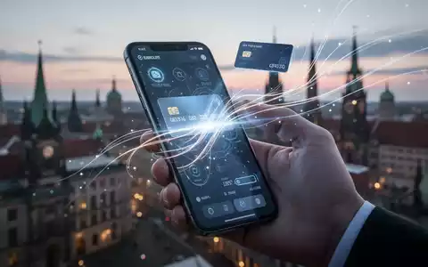 Smartphone mit digitaler Wallet-Oberfläche, leuchtende Linien, in einer Hand vor unscharfer Stadtkulisse. - Foto: über boerse-global.de