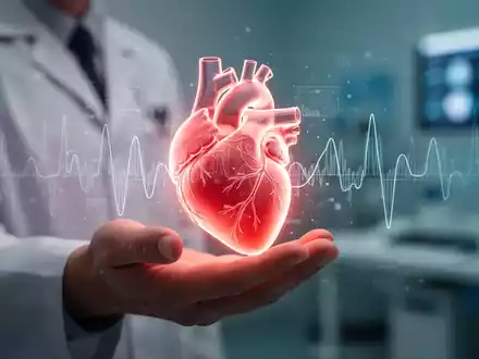 Eine Hand hält ein stilisiertes, leuchtendes Herzmodell, umgeben von abstrakten Datenlinien, vor einem verschwommenen medizinischen Hintergrund. - Foto: über boerse-global.de