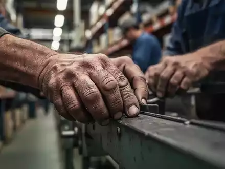 Nahaufnahme der Hände eines Arbeiters, die eine sich wiederholende manuelle Tätigkeit ausführen, mit verschwommenem industriellen Hintergrund. - Foto: über boerse-global.de