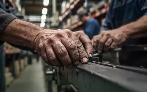 Nahaufnahme der Hände eines Arbeiters, die eine sich wiederholende manuelle Tätigkeit ausführen, mit verschwommenem industriellen Hintergrund. - Foto: über boerse-global.de