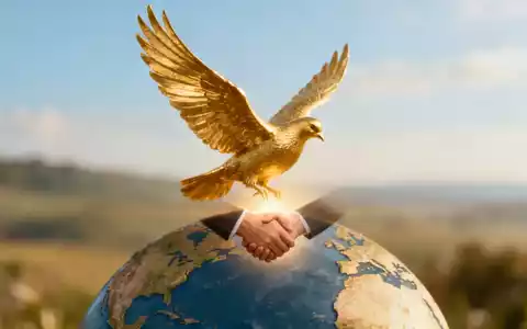 Eine goldene Taube fliegt über einen Globus, darunter Hände, die einen Friedenspakt symbolisieren. - Foto: über boerse-global.de