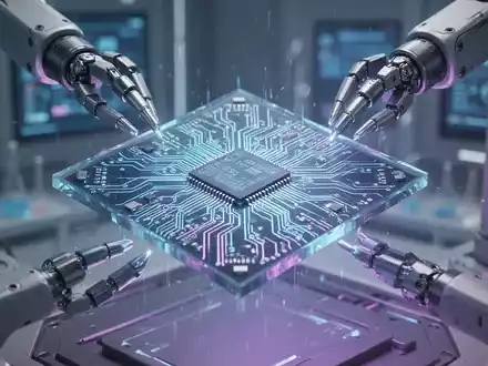 Ein futuristischer, leuchtender Mikrochip mit komplizierten Schaltkreisen, der von Roboterarmen in einem High-Tech-Labor gehalten wird. - Foto: über boerse-global.de