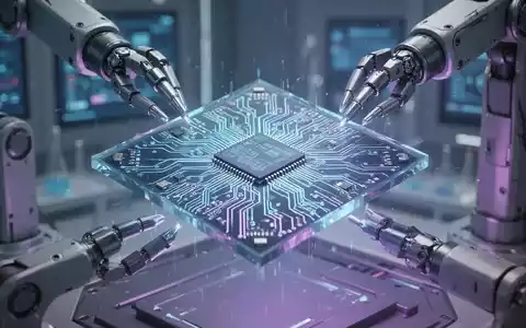 Ein futuristischer, leuchtender Mikrochip mit komplizierten Schaltkreisen, der von Roboterarmen in einem High-Tech-Labor gehalten wird. - Foto: über boerse-global.de