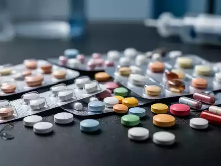 Nahaufnahme verschiedener Medikamentenpillen, einige in Blisterpackungen, andere lose, auf einer dunklen Oberfläche. - Foto: über boerse-global.de