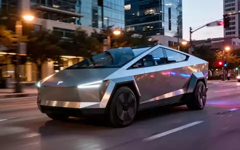 Ein futuristischer silberner Tesla Cybercab, ein autonomes Robotaxi, fährt in der Dämmerung durch eine Straße in Austin. - Foto: über boerse-global.de