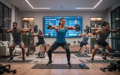 Eine Gruppe von Menschen trainiert in einem modernen Heim-Fitnessstudio unter Anleitung eines Online-Workouts auf einem großen Bildschirm. - Foto: über boerse-global.de
