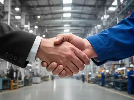Zwei Hände, eine im Anzug, die andere in Arbeitskleidung, die sich fest die Hand geben vor einem unscharfen Industriebereich. - Foto: über boerse-global.de