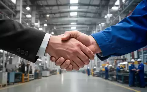 Zwei Hände, eine im Anzug, die andere in Arbeitskleidung, die sich fest die Hand geben vor einem unscharfen Industriebereich. - Foto: über boerse-global.de