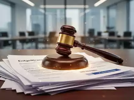 Ein stilisierter Richterhammer liegt auf einem Stapel Gesetzesdokumente, umgeben von einem subtilen Licht. Fokus auf Justiz und Gesetz. - Foto: über boerse-global.de