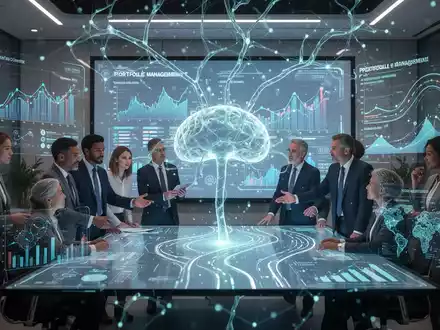 Ein futuristisches, leuchtendes neuronales Netz überlagert ein modernes Büro, das Finanzdiagramme und Strategie-Roadmaps anzeigt. - Foto: über boerse-global.de