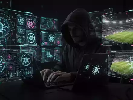 Person in Kapuzenjacke tippt auf Laptop, mit digitalen Overlays von Malware-Symbolen und Fußballstadion-Grafiken, die Cyberkriminalität darstellen. - Foto: über boerse-global.de