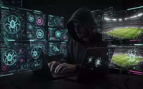Person in Kapuzenjacke tippt auf Laptop, mit digitalen Overlays von Malware-Symbolen und Fußballstadion-Grafiken, die Cyberkriminalität darstellen. - Foto: über boerse-global.de