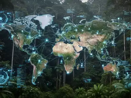 Satellitenbild mit digitalen Datenpunkten und verbundenen Linien über einem grünen Regenwald, das die Überwachung von Lieferketten darstellt. - Foto: über boerse-global.de