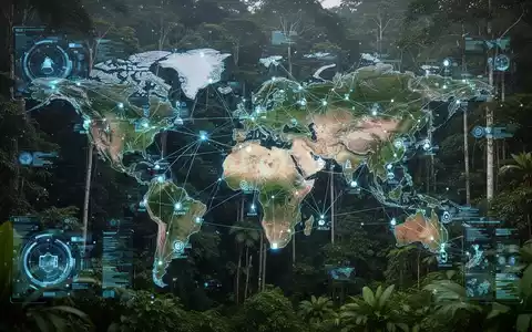 Satellitenbild mit digitalen Datenpunkten und verbundenen Linien über einem grünen Regenwald, das die Überwachung von Lieferketten darstellt. - Foto: über boerse-global.de