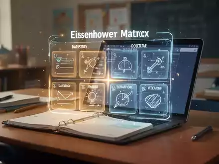Ein Schreibtisch einer Lehrkraft mit einer stilisierten, leuchtenden Eisenhower-Matrix über einem Planer, der Aufgabenpriorisierung symbolisiert. - Foto: über boerse-global.de
